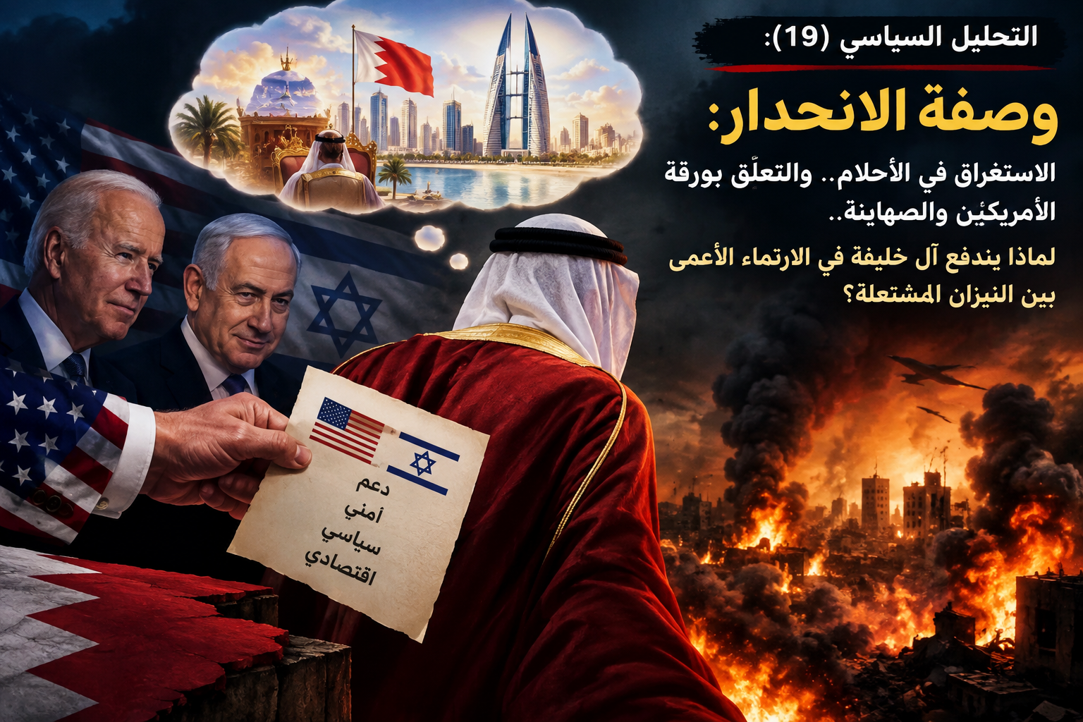 التحليل السياسي (١٩): وصفة الانحدار: الاستغراق في الأحلام.. والتعلّق بورقة الأمريكيّين والصهاينة.. لماذا يندفع آل خليفة في الارتماء الأعمى بين النيران المشتعلة؟